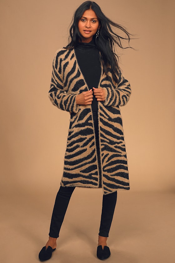 Les Animaux Tan Tiger Print Fuzzy Knit Cardigan Sweater 2