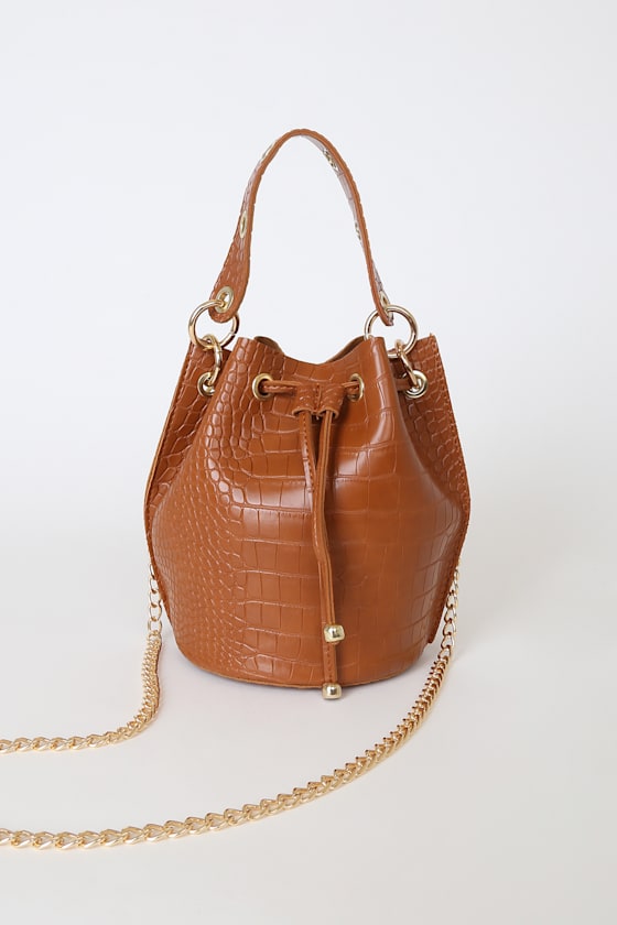 Brown Faux Leather Repeat Print Bucket Bag - Sirena