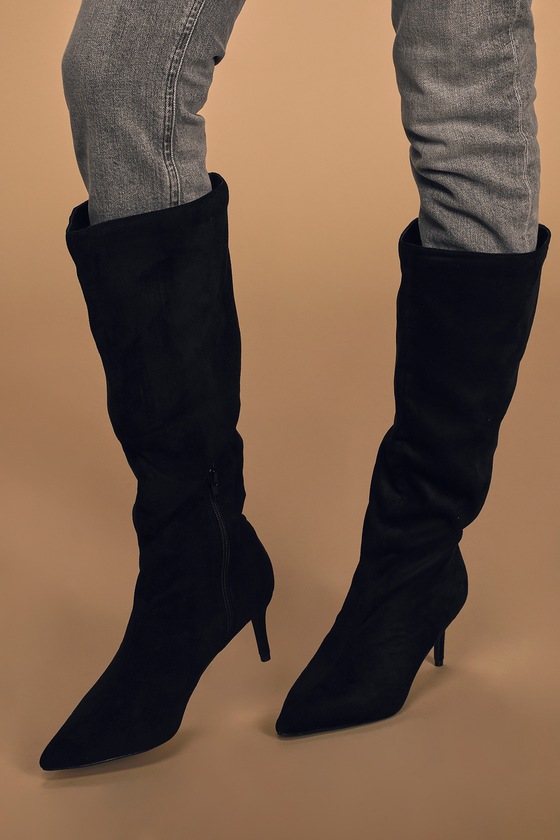 black pointed toe knee high flat boots