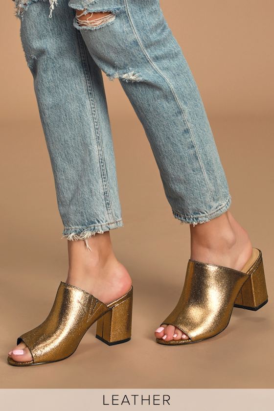 Sbicca Lahaina Gold Metallic Mules Leather PeepToe Heels Lulus
