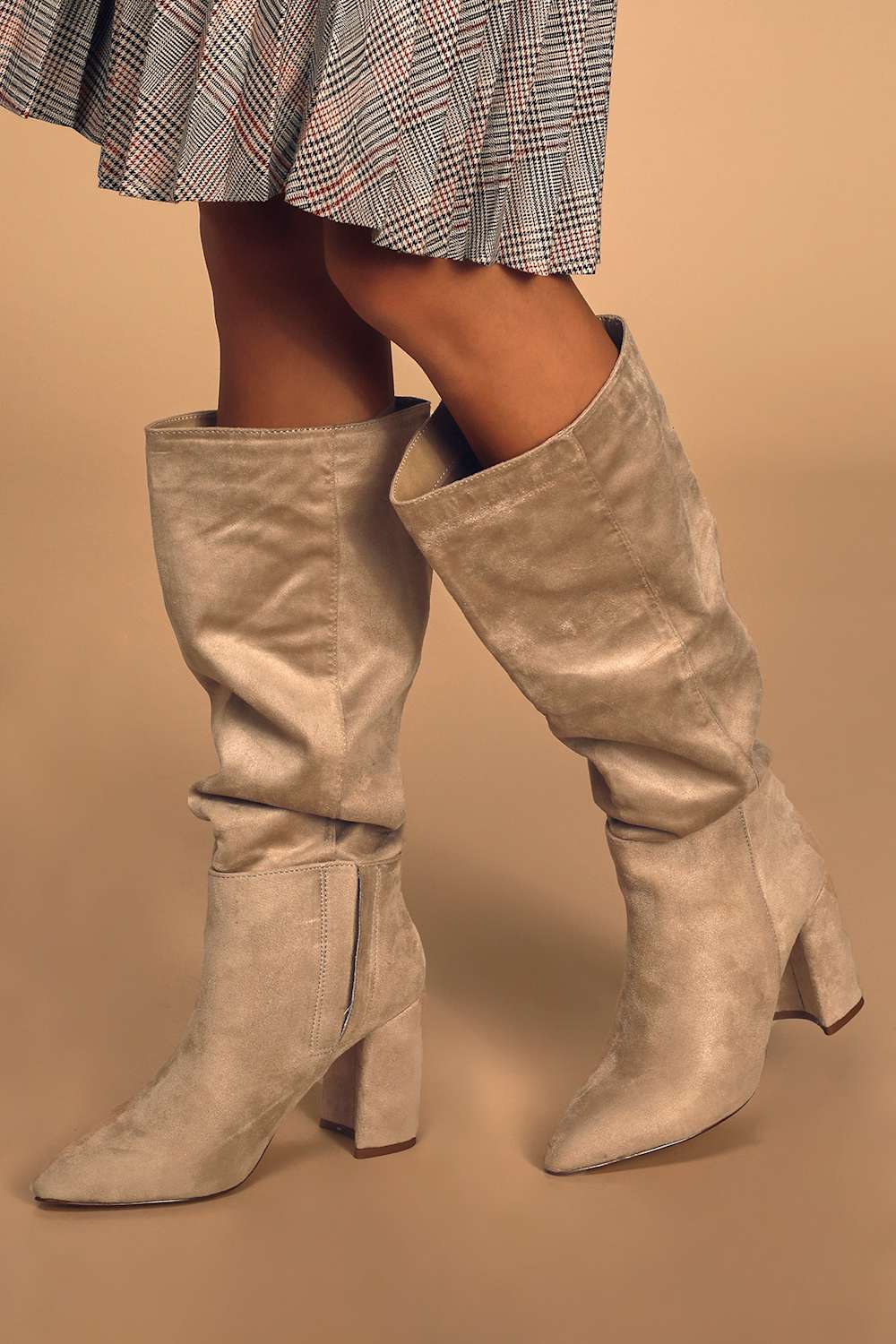 Katari Taupe Suede Pointed-Toe Knee High Boots