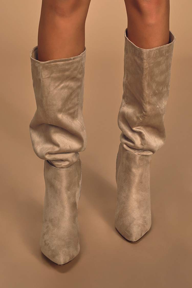 Katari Taupe Suede Pointed-Toe Knee High Boots