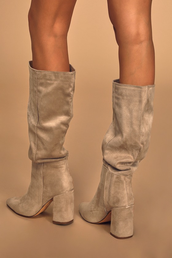 Lulus | Katari Taupe Suede Pointed-Toe Knee High High Heel Boots | Size 5 | Beige | Vegan Friendly