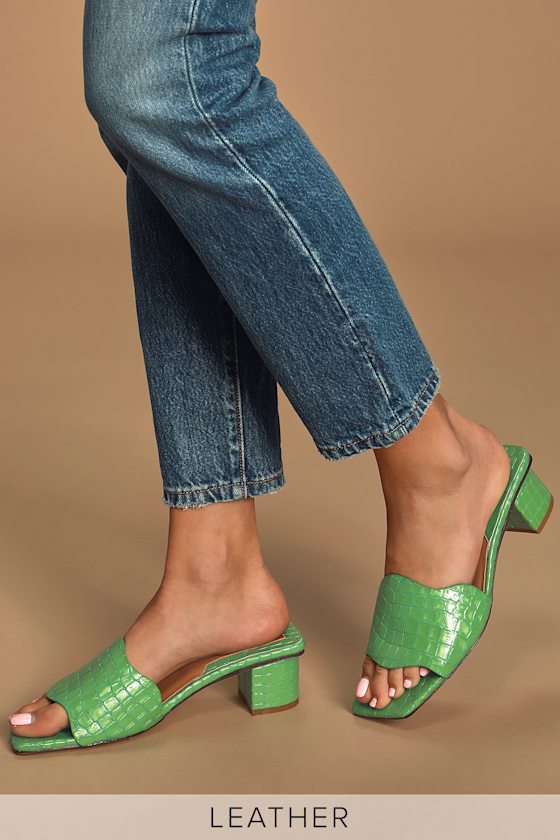 Scallop Lime Green Croc Leather High Heel Slide Sandals 2