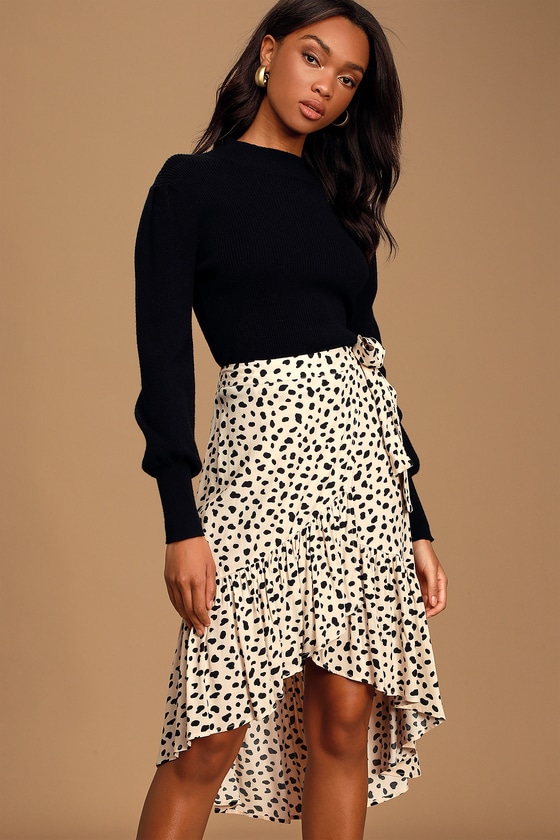 Daring Ambition Beige Leopard Print High-Low Ruffled Wrap Skirt