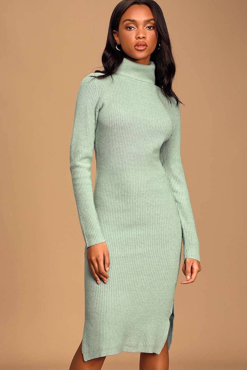 Sheerah Sage Green Turtleneck Midi Sweater Dress Sheerah Sage Green Turtleneck Midi Sweater Dress