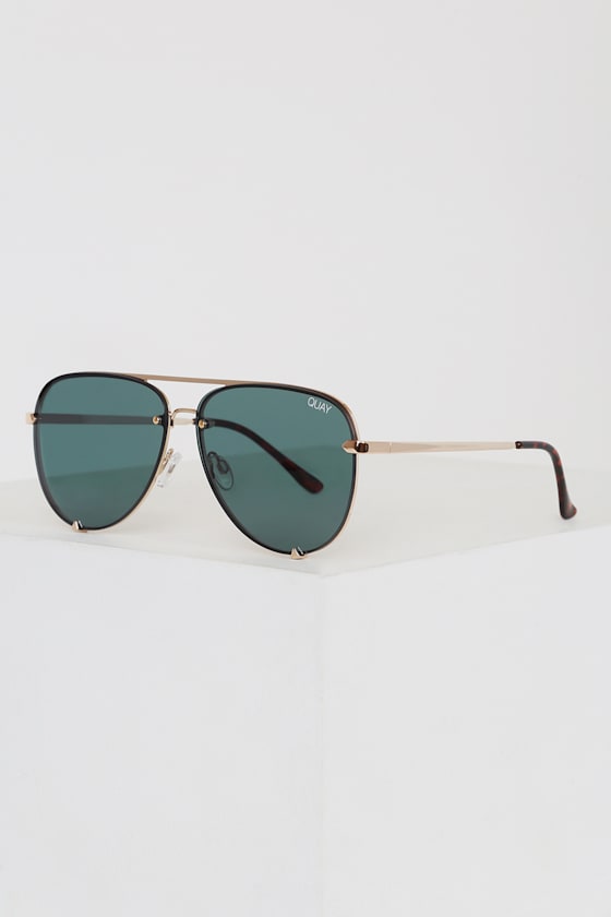 Quay High Key Rimless Teal Sunglasses Gold Frame Sunnies