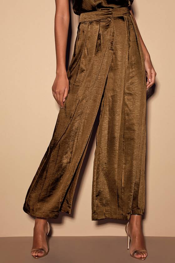 Making a Statement Brown Satin Pleated Wide-Leg Pants 4