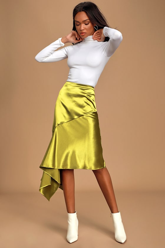 Dark Olive Green Satin Low-Rise Midi Skirt