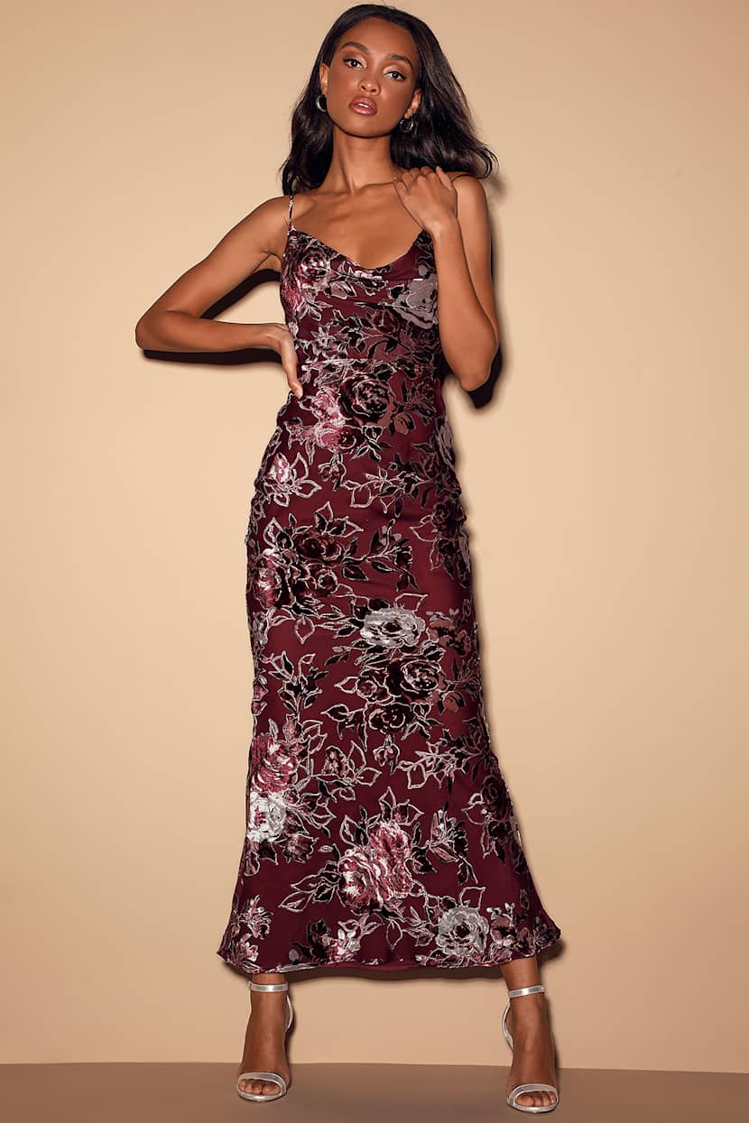 burgundy floral flocked glitter sheer knot detail maxi dress Burgundy V Neck Tulle A-line Beaded Long Prom Dresses main image 0