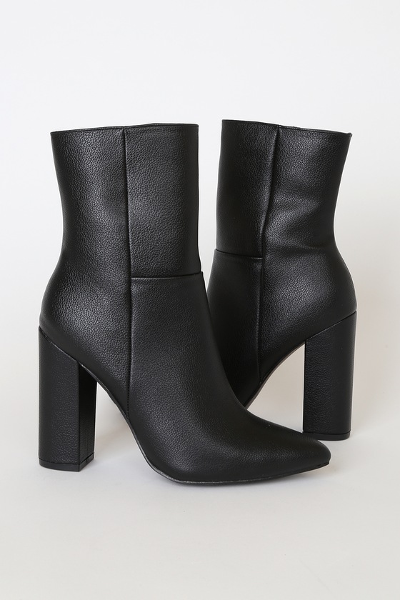 Chic Black Pointed Toe Mid Calf Boots - Block Heel Mid-Calf Boots