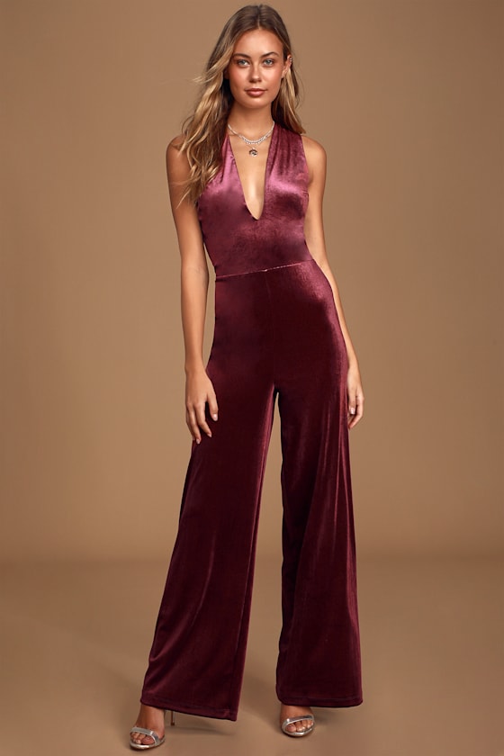Best of Luxe Plum Purple Velvet Backless Jumpsuit 6