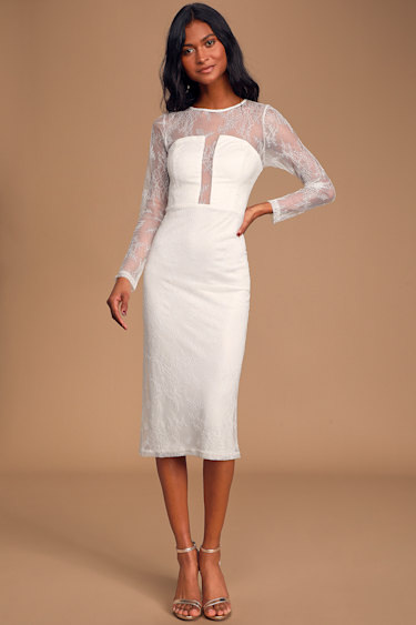 Powerful Heart White Lace Long Sleeve Bodycon Midi Dress