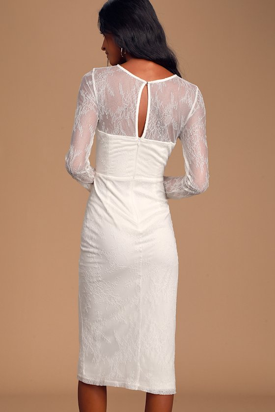 Powerful Heart White Lace Long Sleeve Bodycon Midi Dress 6