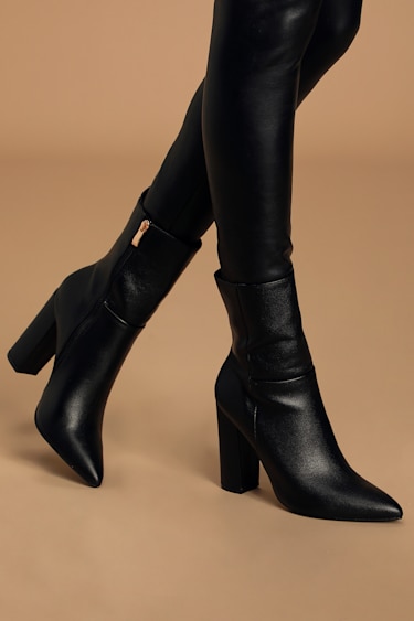 Chic Black Pointed Toe Mid Calf Boots Block Heel Mid-Calf Boots