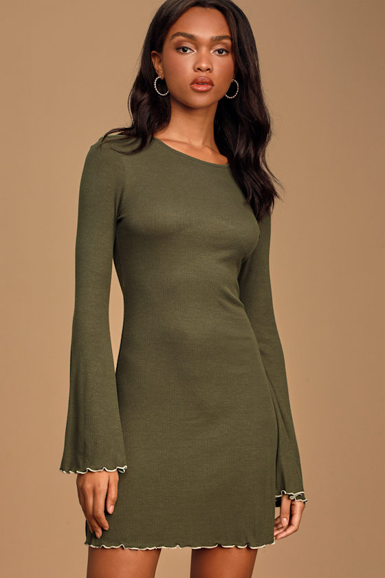 Cardiff Olive Green Ribbed Bell Sleeve Lettuce-Edge Dress 5