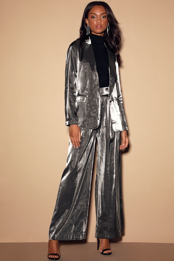 Bright Babe Metallic Gunmetal Wide-Leg Pants 1