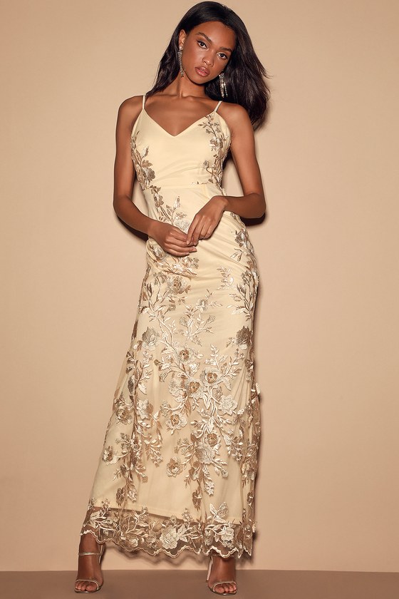 Pretty Gold Maxi Dress - Mermaid Maxi Dress - Embroidered Gown - Lulus
