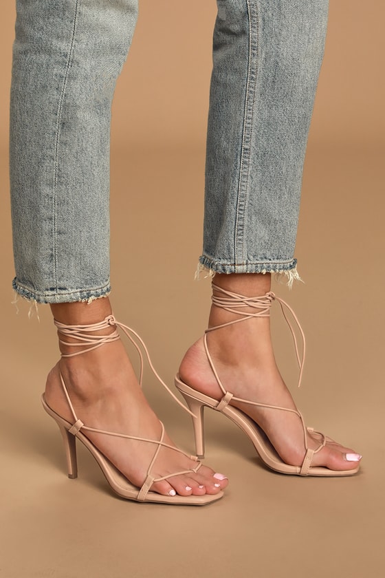 red square lace up heels