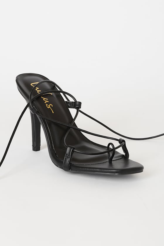 priya square toe lace up heel in black faux leather