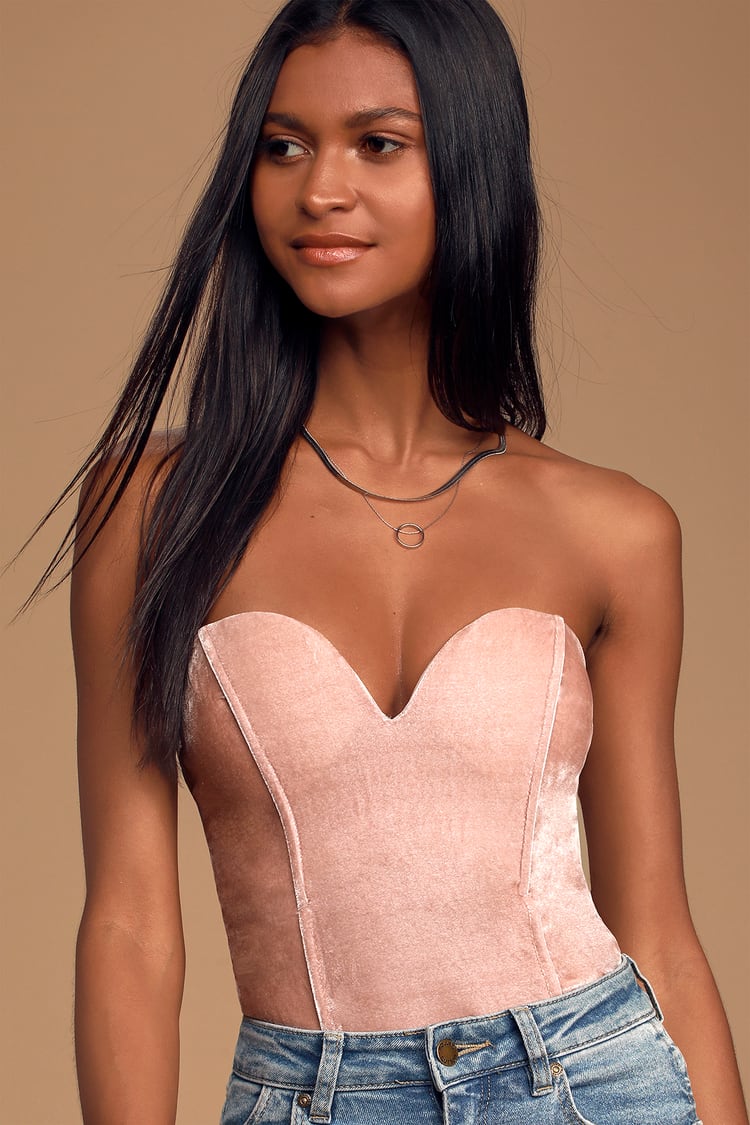 Sexy Blush Pink Bodysuit - Velvet Bodysuit - Strapless Bodysuit