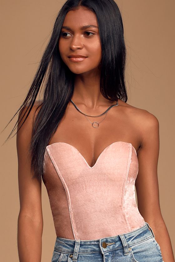 Luxurious Life Blush Pink Velvet Strapless Bodysuit 7
