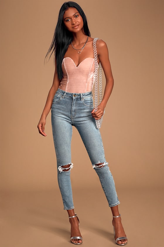 Luxurious Life Blush Pink Velvet Strapless Bodysuit 6