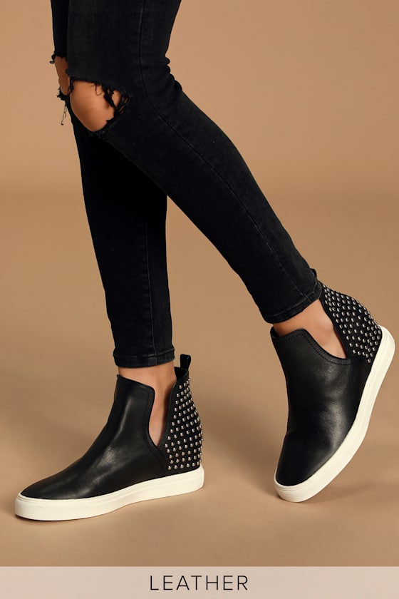 Chloey Black Leather Studded Wedge Sneakers 1