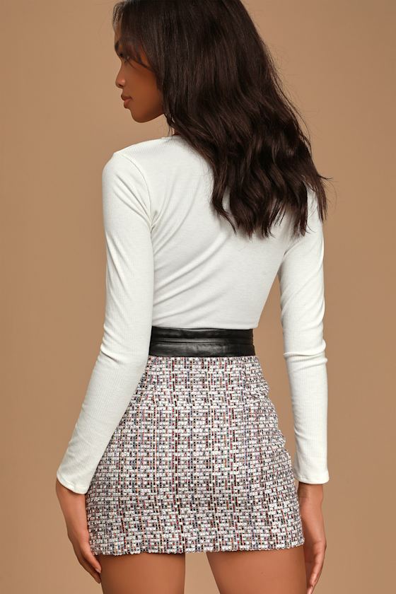 White Multi Colored Tweed Skirt - Gold Chain Skirt - A-Line Skirt