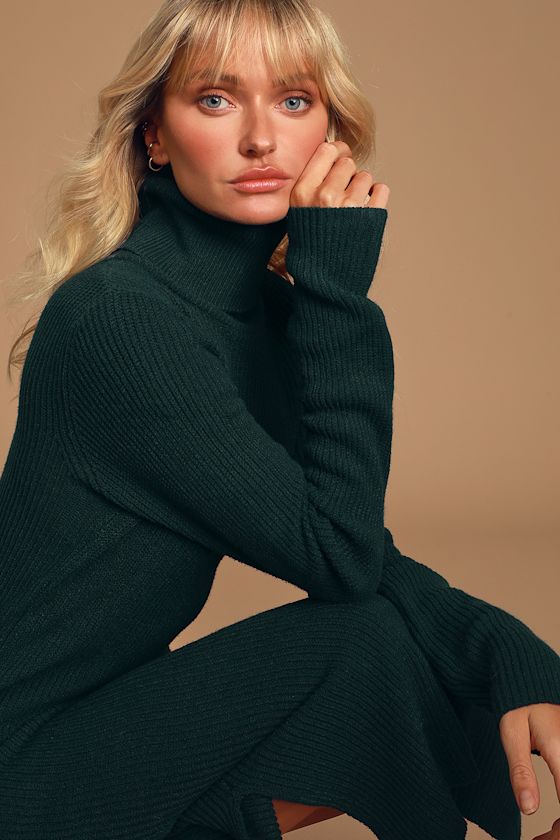 Sheerah Forest Green Turtleneck Midi Sweater Dress 5