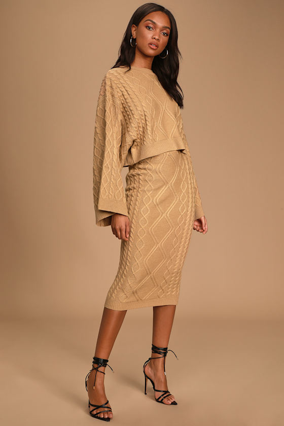 Styled Sensation Camel Two-Piece Cable Knit Sweater Dress 3