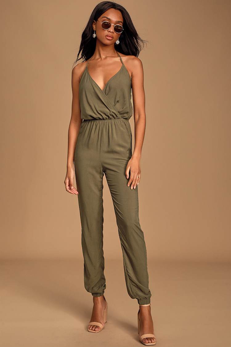 Cute Olive Green Jumpsuit - Surplice Jumpsuit - Halter Jumpsuit - Lulus