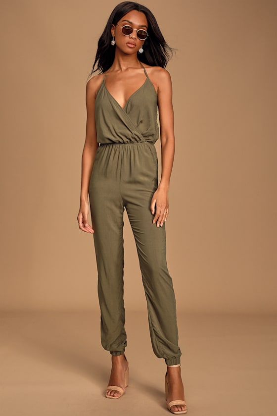 Cute Olive Green Jumpsuit Surplice Jumpsuit Halter Jumpsuit Lulus