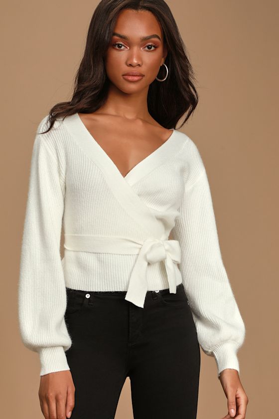 Doing My Thing White Knit Balloon Sleeve Wrap Sweater Top 4