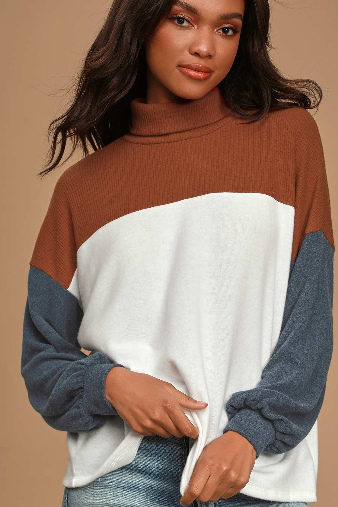 Women's Turtleneck Knit Sweater with Color Block main image 1