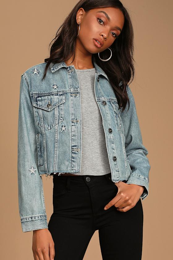 Naya Medium Wash Denim Embroidered Cropped Boyfriend Jacket 2