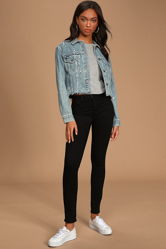 Naya Medium Wash Denim Embroidered Cropped Boyfriend Jacket 1