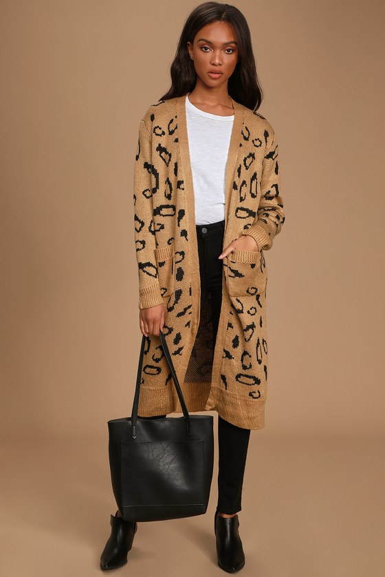 Cozy Camel Leopard Print - Knit Cardigan - Long Cardigan Sweater - Lulus