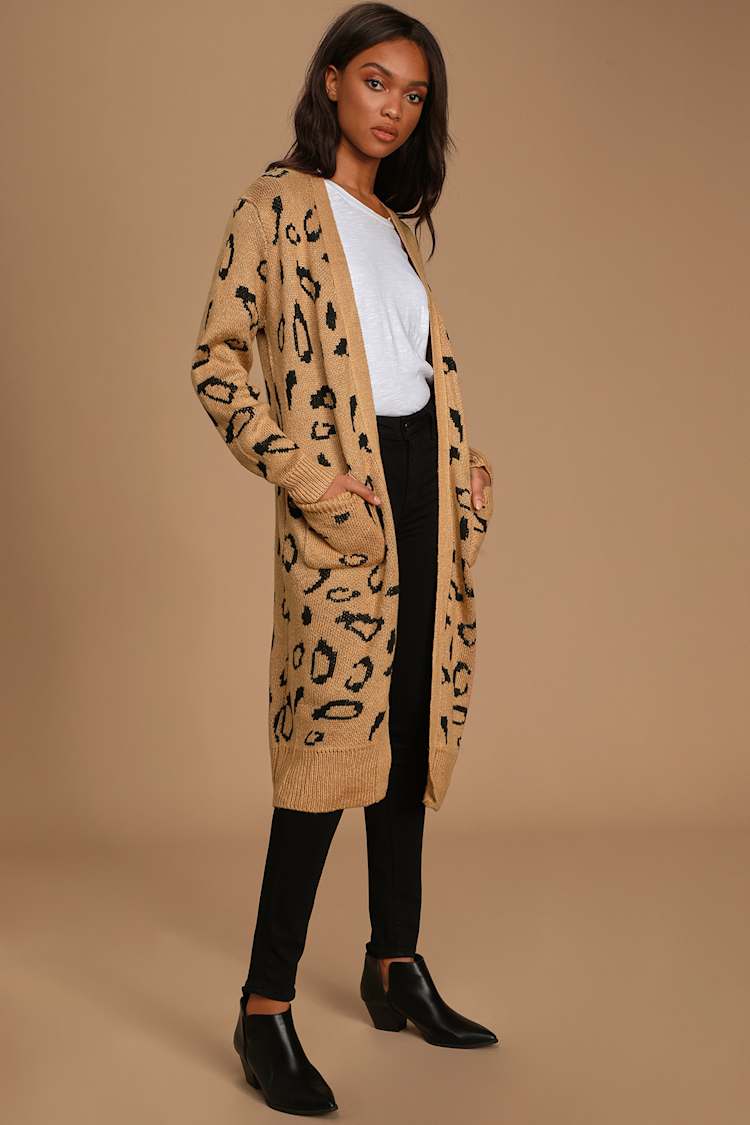 Cozy Camel Leopard Print - Knit Cardigan - Long Cardigan Sweater 