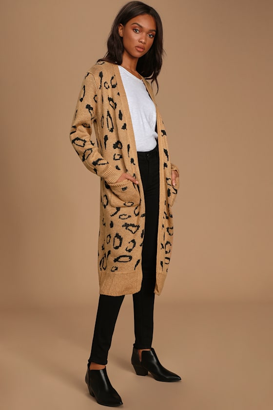 Feline Alright Camel Leopard Print Long Cardigan Sweater 2