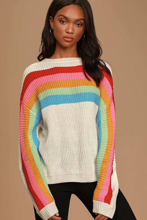 Good Luck To You Cream Rainbow Striped Sweater 3