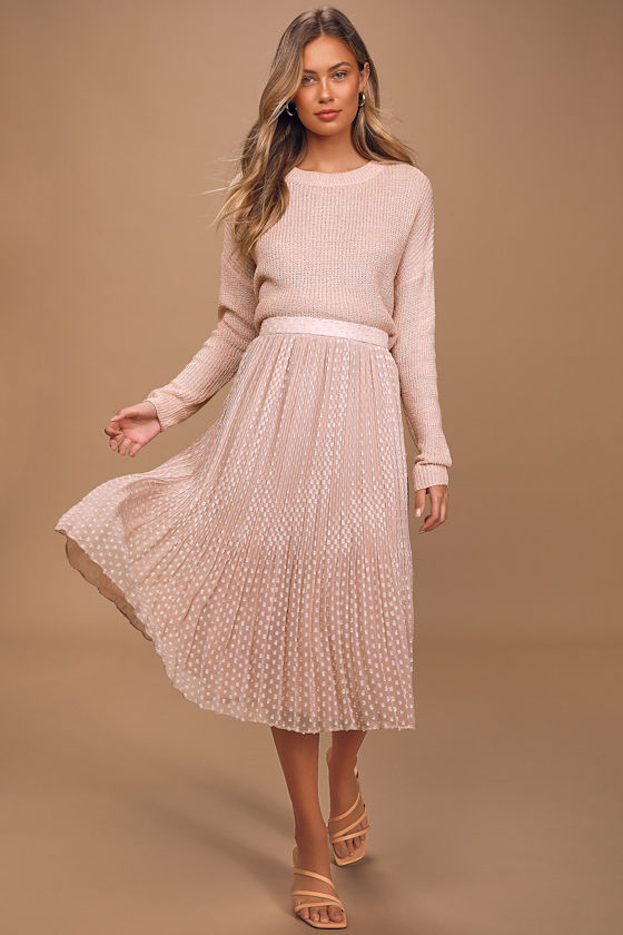 You're On My Mind Blush Pleated Swiss Dot Midi Skirt 2