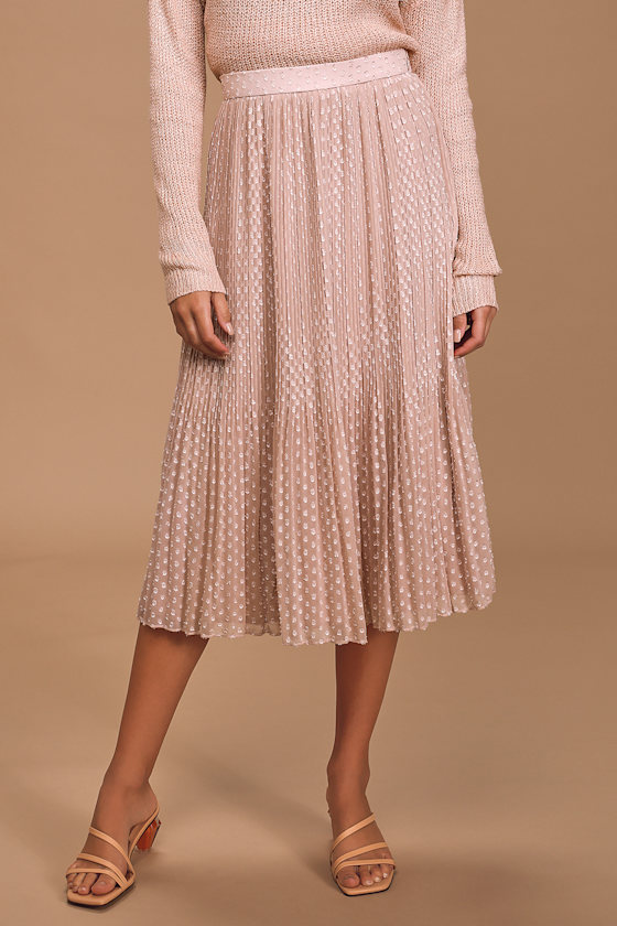 You're On My Mind Blush Pleated Swiss Dot Midi Skirt 3