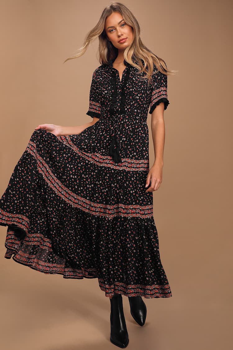 princess polly baby blue dress Free People Rare Feelings - Black Floral Maxi Dress - Tiered Maxi