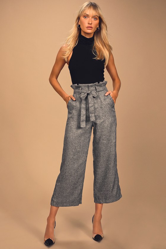 Chic Grey Paper Bag Waist Pants - High 