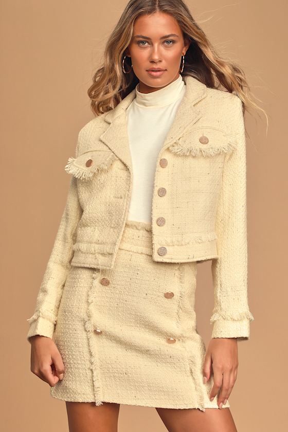 Chic Cream Jacket Tweed Fringe Jacket ButtonUp Jacket Lulus