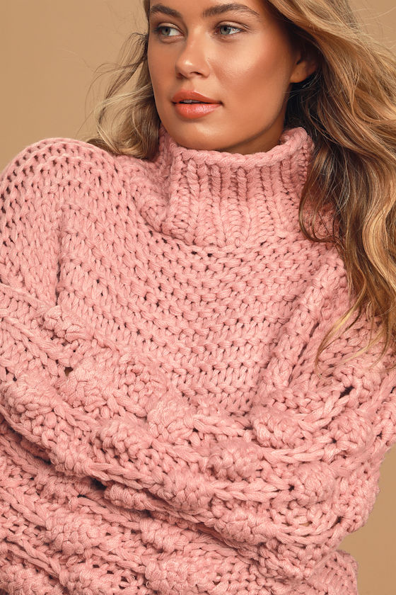 Big Softy Mauve Pom Pom Sleeve Chunky Knit Turtleneck Sweater 3