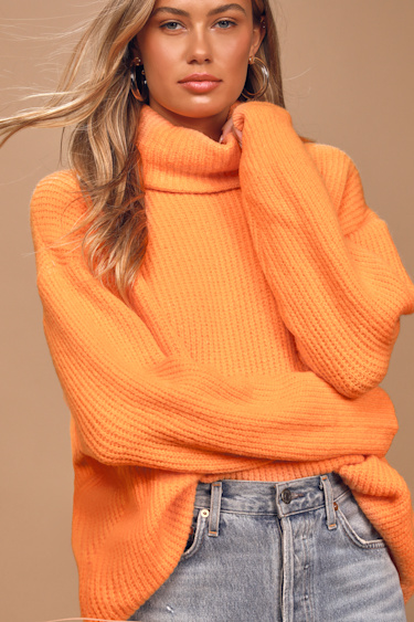 Brightly Pleased Orange Oversized Knit Turtleneck Sweater