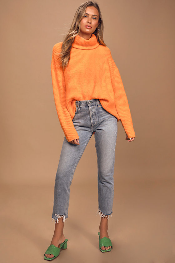 Brightly Pleased Orange Oversized Knit Turtleneck Sweater 6