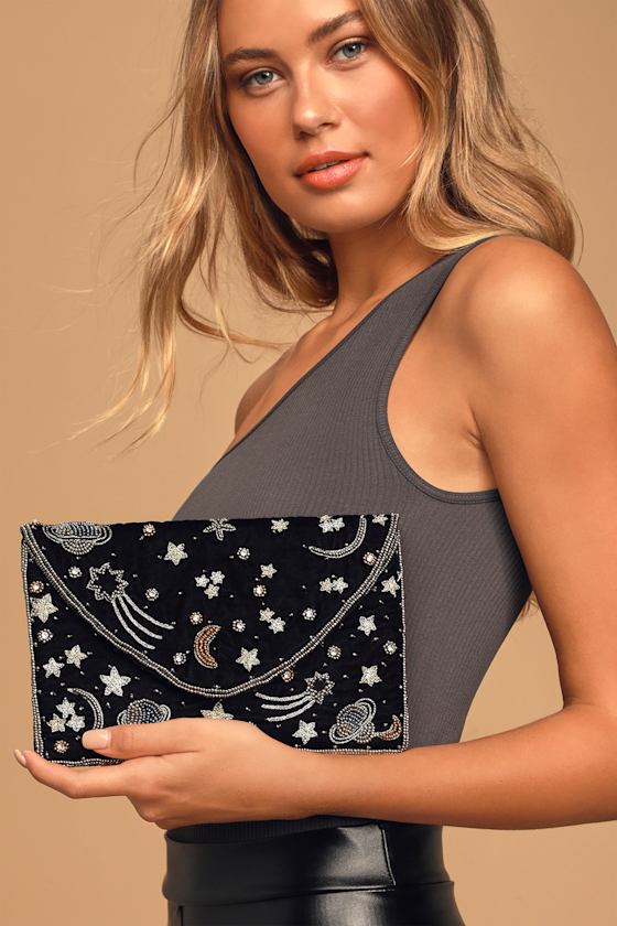 Constellation Black Velvet Beaded Clutch 1